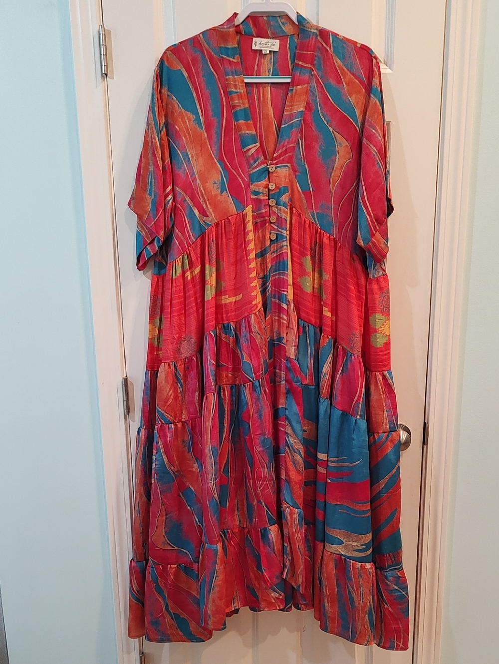 Boho Tiered Maxi Dress in Red, Orange & Teal